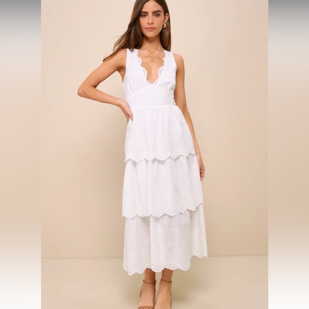 Lulus Brand New White Midi Dress tiered eyelet lace